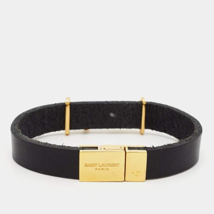 Pre Owned Saint Laurent Opyum Black Leather Gold Tone Bracelet