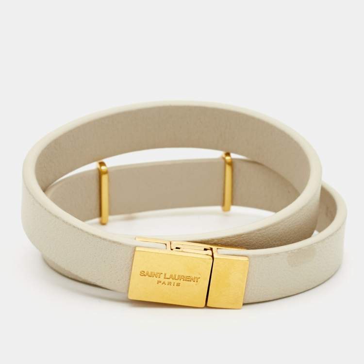 Pre Owned Saint Laurent Paris White Leather Opyum Gold Tone Wrap Bracelet