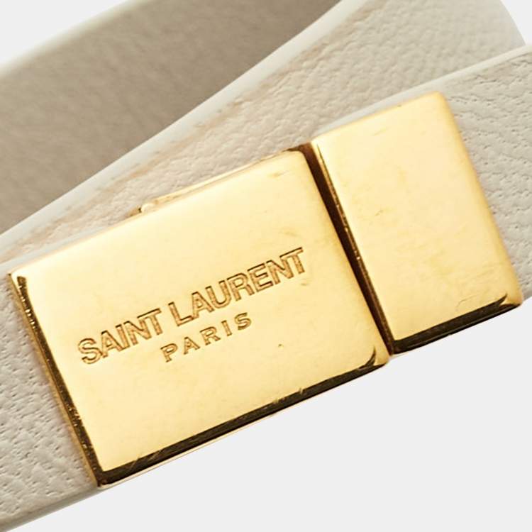 Pre Owned Saint Laurent Paris White Leather Opyum Gold Tone Wrap Bracelet