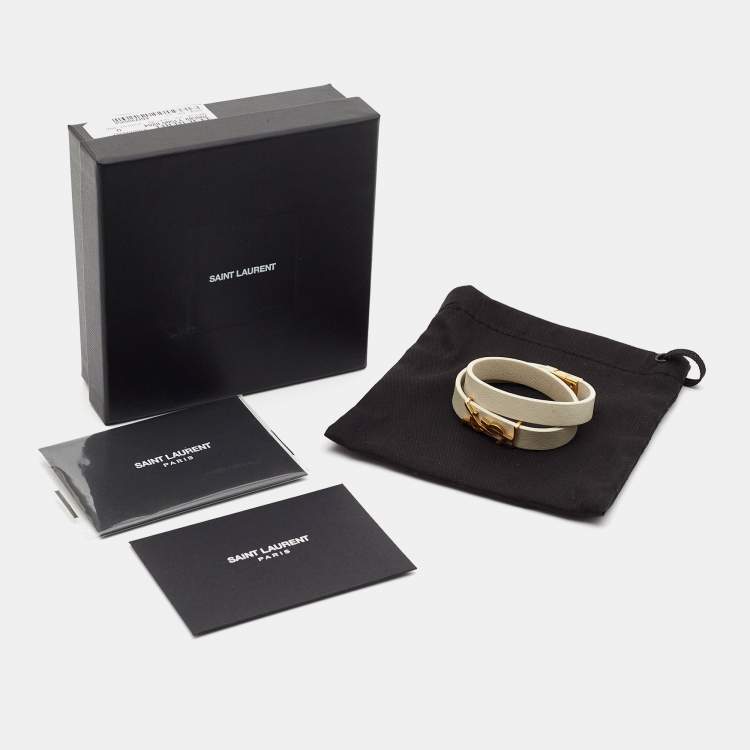 Pre Owned Saint Laurent Paris White Leather Opyum Gold Tone Wrap Bracelet