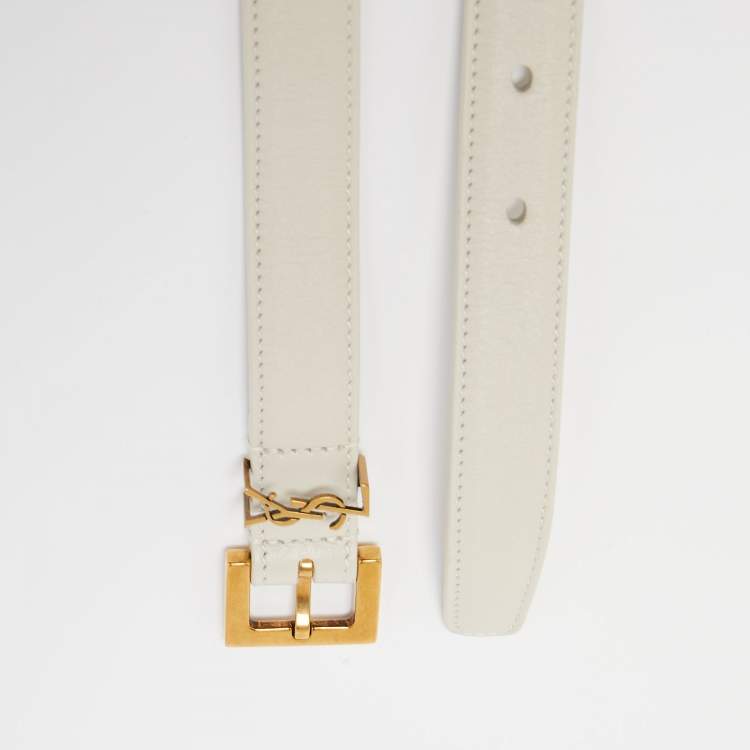 Pre Owned Saint Laurent White Leather Monogram Square Buckle Belt 75CM