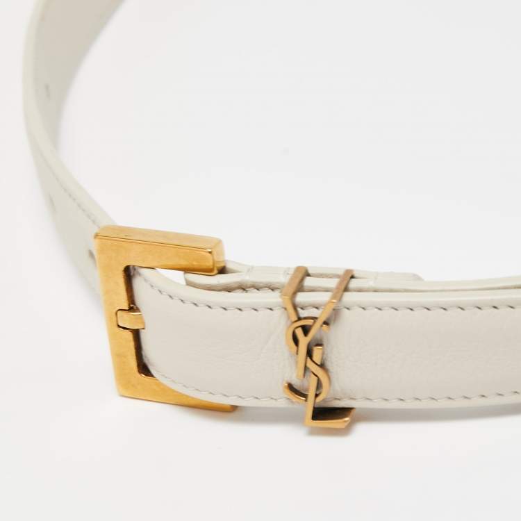 Pre Owned Saint Laurent White Leather Monogram Square Buckle Belt 75CM