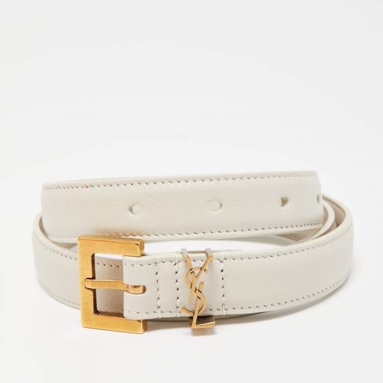 Pre Owned Saint Laurent White Leather Monogram Square Buckle Belt 75CM