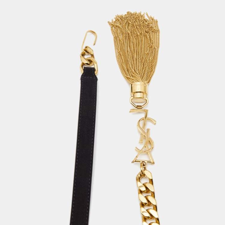 Pre Owned Saint Laurent Black Suede and Leather Monogram Chain Tassel Belt XL