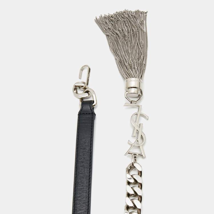 Pre Owned Saint Laurent Black Leather Monogram Chain Tassel Belt XL