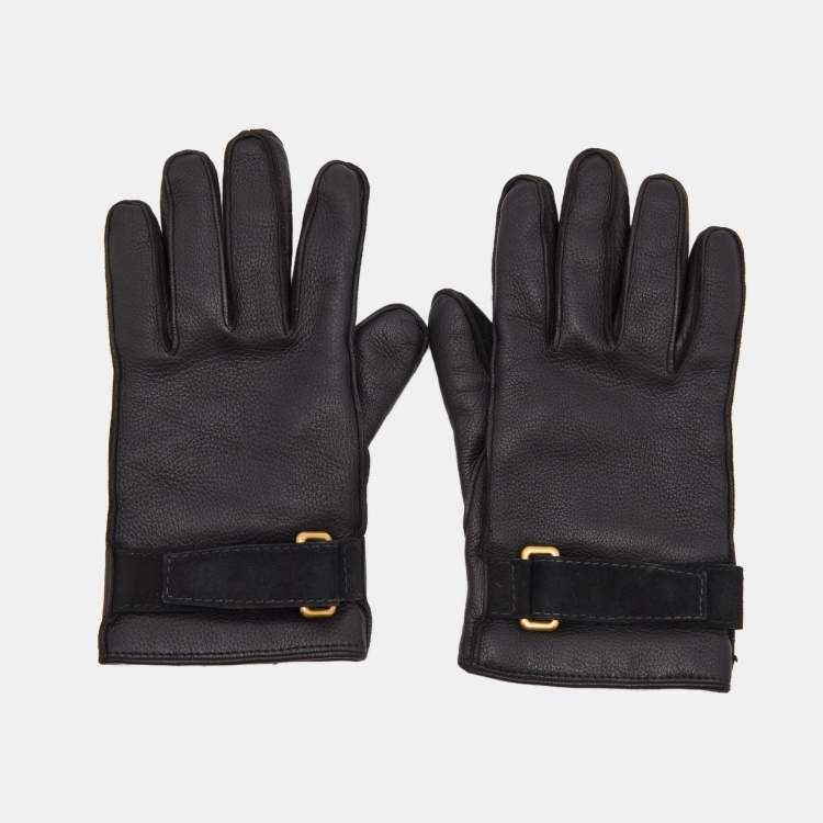 Pre Owned Yves Saint Laurent Black Leather & Cashmere Lined Gloves Size 8
