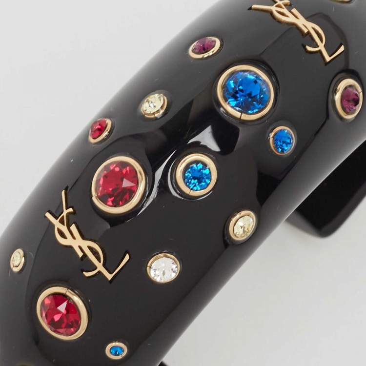 Pre Owned Saint Laurent Black Crystal Embellished Gold Tone Open Cuff Bracelet