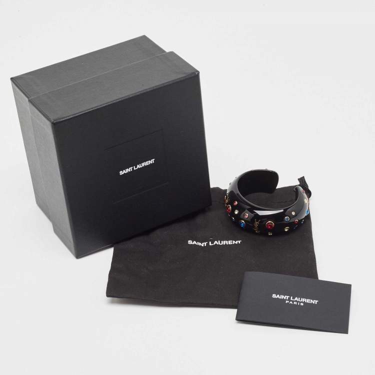 Pre Owned Saint Laurent Black Crystal Embellished Gold Tone Open Cuff Bracelet