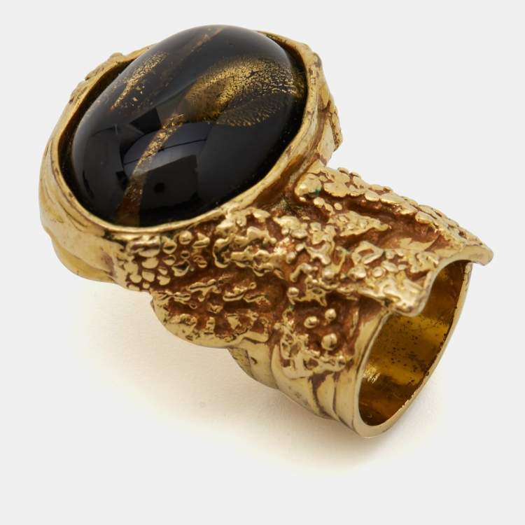 Pre Owned Saint Laurent Paris Arty Glass Cabochon Gold Tone Ring Size 50