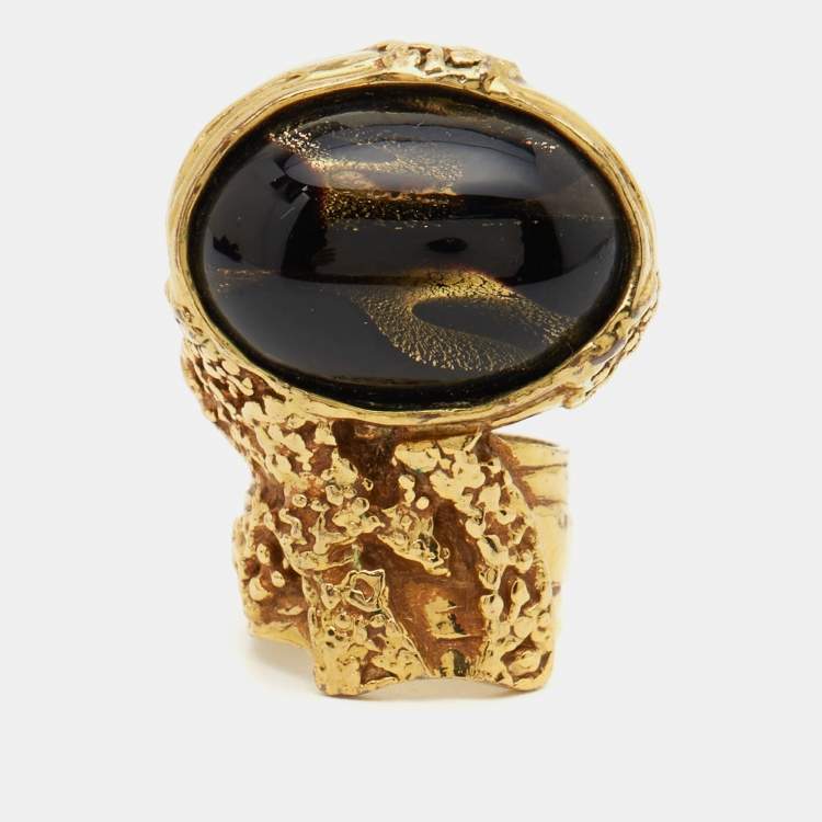 Pre Owned Saint Laurent Paris Arty Glass Cabochon Gold Tone Ring Size 50