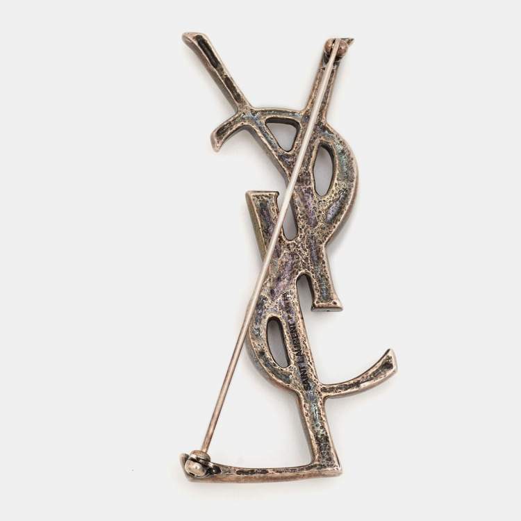 Pre Owned Yves Saint Laurent Opyum Monogram Gunmetal Tone Pin Brooch