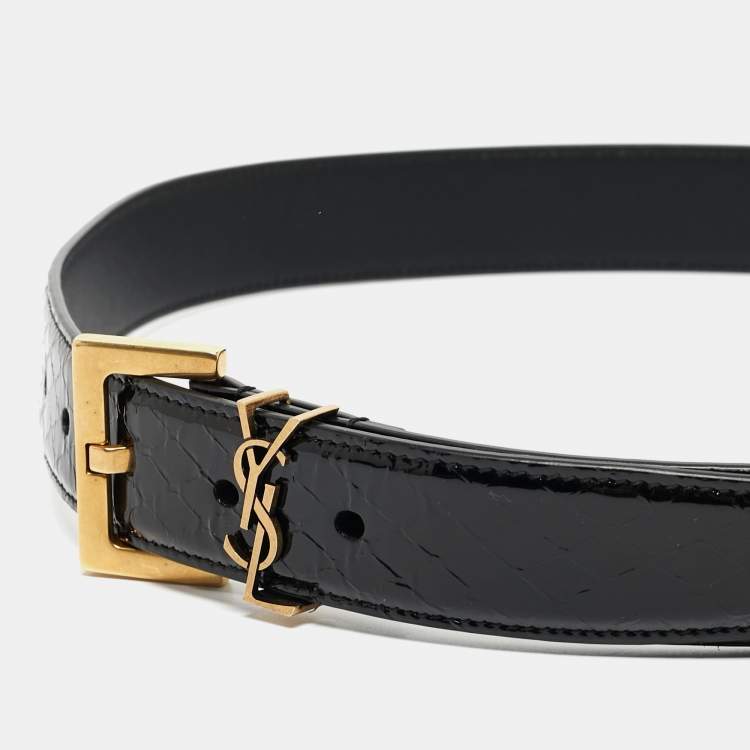 Pre Owned Saint Laurent Black Embossed Patent Leather Monogram Square Buckle Belt 80CM