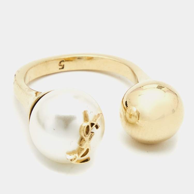 Pre Owned Saint Laurent Faux Pearl Gold Tone Ring Size 50