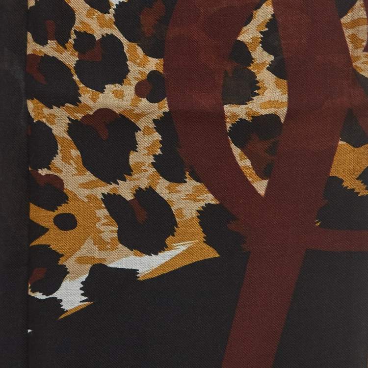Pre Owned Saint Laurent Paris Black Leopard Print Modal and Cashmere Scarf