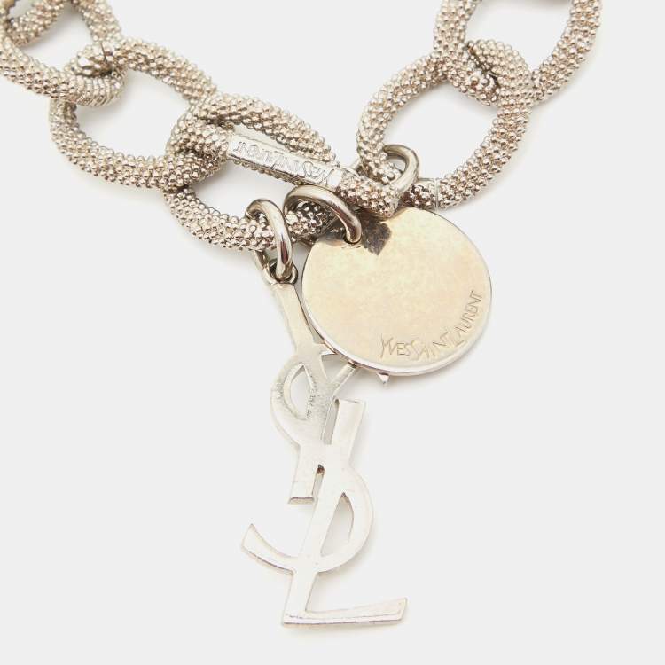 Pre Owned Saint Laurent Paris Logo Silver Tone Chain Link Bracelet