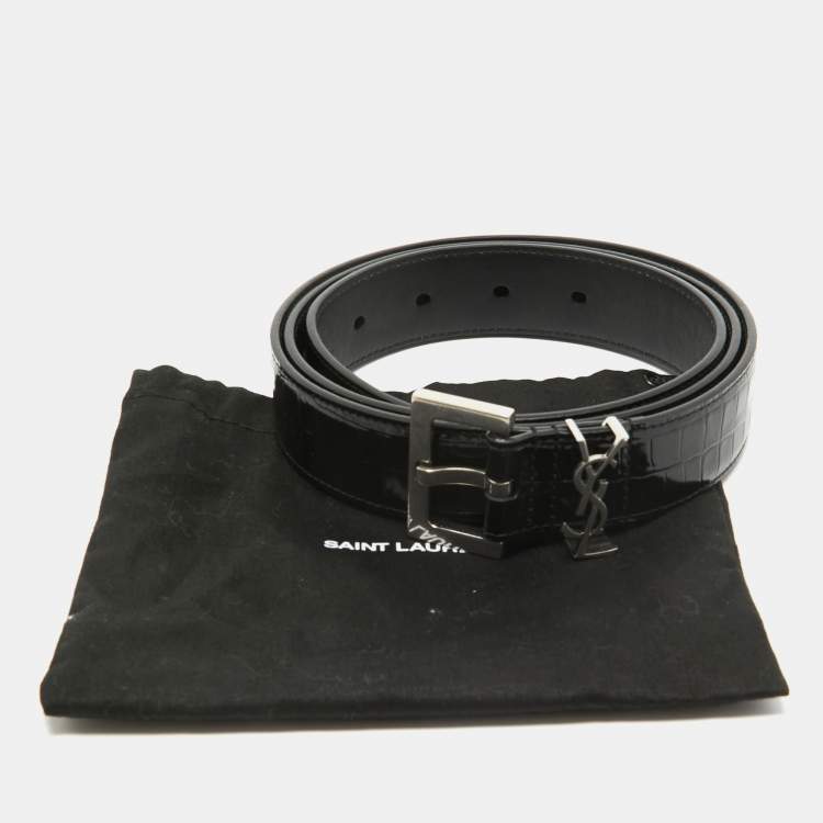Pre Owned Saint Laurent Black Croc Embossed Leather Monogram Square Buckle Belt 100CM