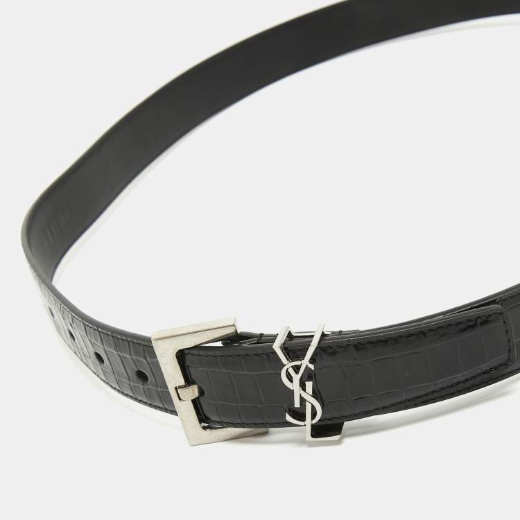 Pre Owned Saint Laurent Black Croc Embossed Leather Monogram Square Buckle Belt 100CM
