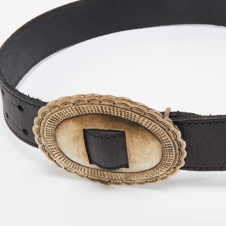Pre Owned Saint Laurent Black Leather Oval Buckle Belt 
