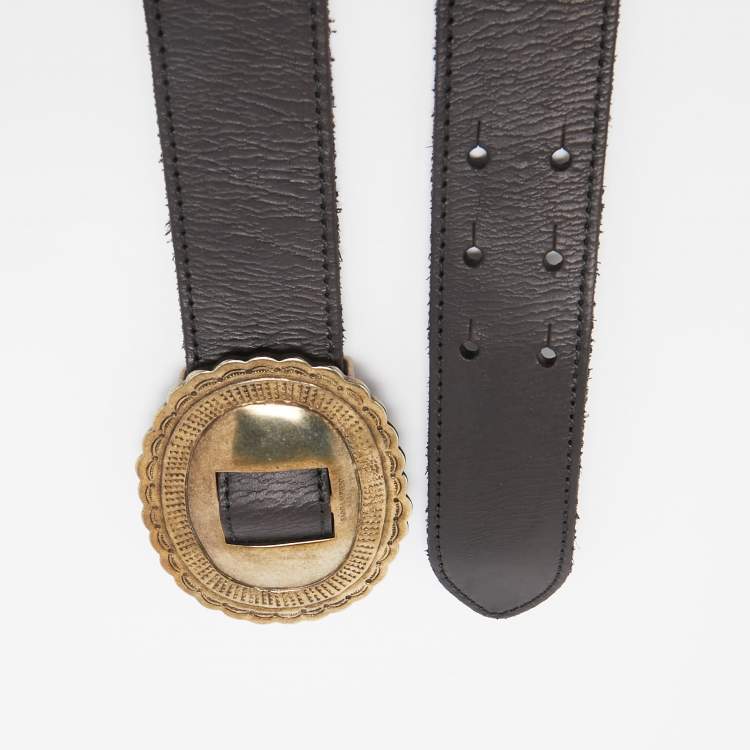 Pre Owned Saint Laurent Black Leather Oval Buckle Belt 
