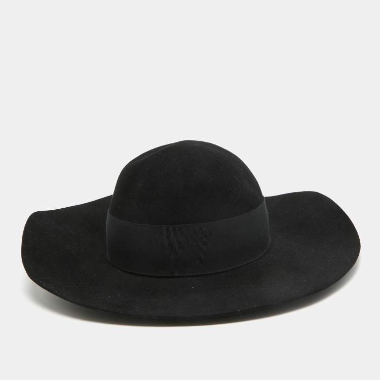 Pre Owned Saint Laurent Paris Black Rabbit Felt Wide Brim Hat Size 58