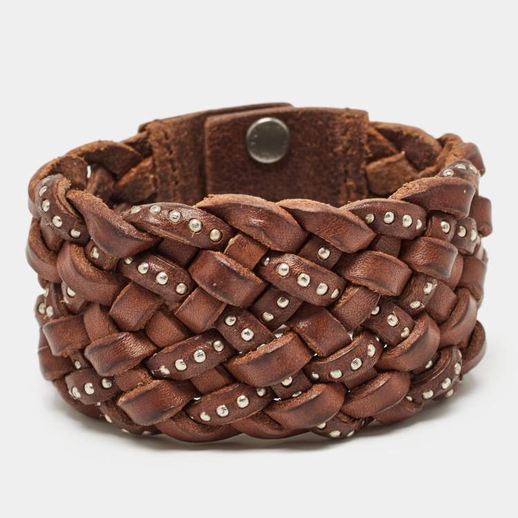 Pre Owned Saint Laurent Paris Brown Studded & Braided Leather Wide Bracelet