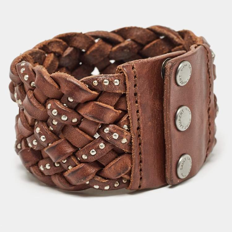 Pre Owned Saint Laurent Paris Brown Studded & Braided Leather Wide Bracelet