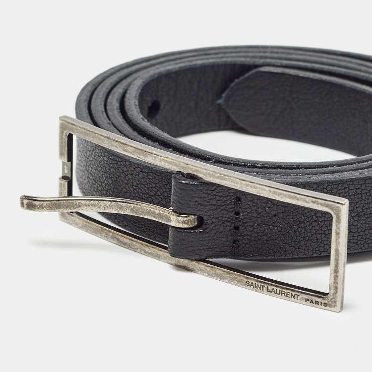 Pre Owned Saint Laurent Black Leather Slim Buckle Belt 80CM