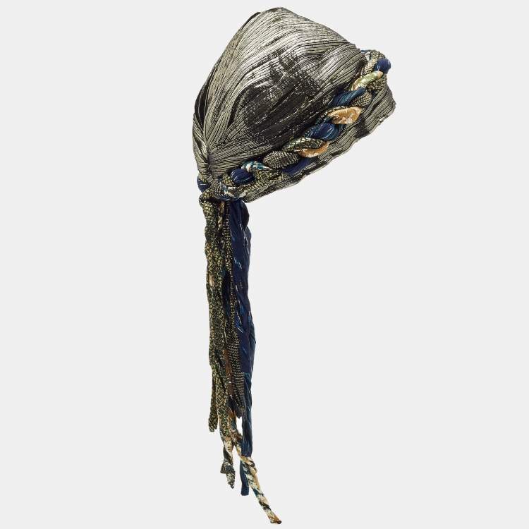 Pre Owned Saint Laurent Paris Gold/Black Lurex Silk Braided Turban S
