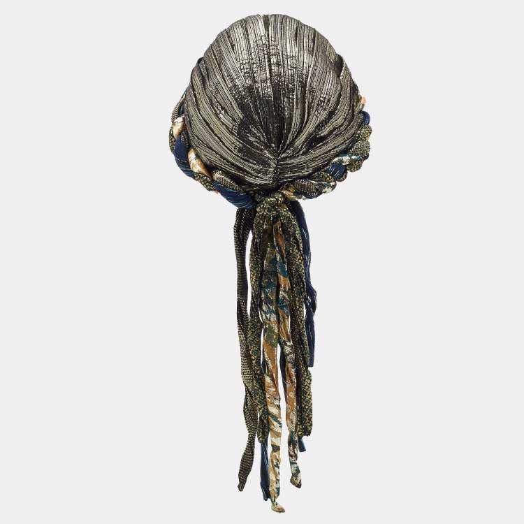 Pre Owned Saint Laurent Paris Gold/Black Lurex Silk Braided Turban S