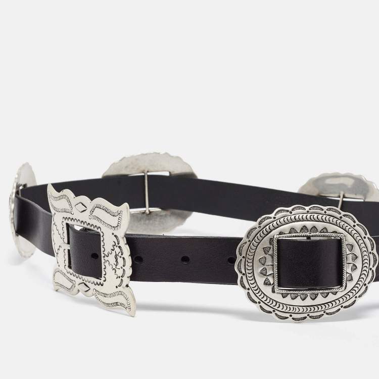 Pre Owned Saint Laurent Black Leather Metal Detail Buckle Belt 80CM