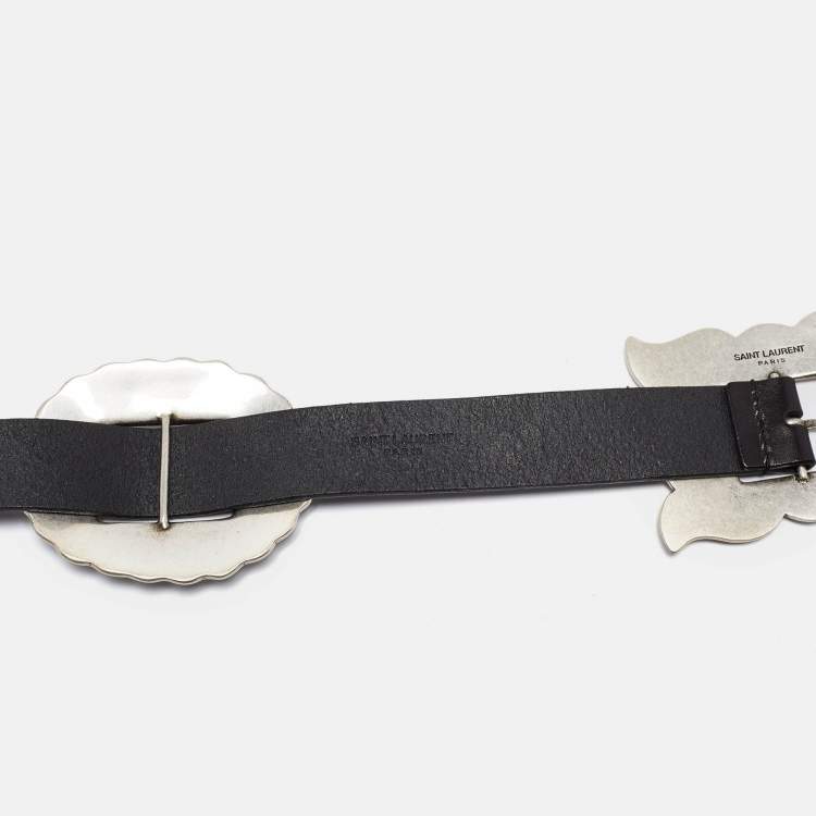 Pre Owned Saint Laurent Black Leather Metal Detail Buckle Belt 80CM