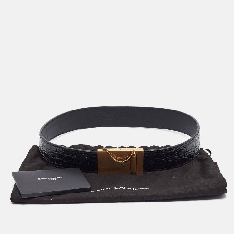 Pre Owned Saint Laurent Black Croc Embossed Leather Chaine Et Baton Belt 70CM
