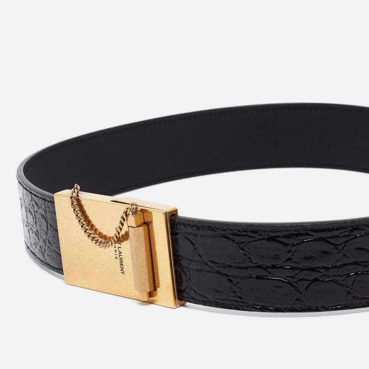Pre Owned Saint Laurent Black Croc Embossed Leather Chaine Et Baton Belt 70CM