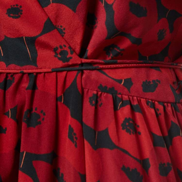 Pre Owned Saint Laurent Red Printed Silk Wrap Mini Dress S