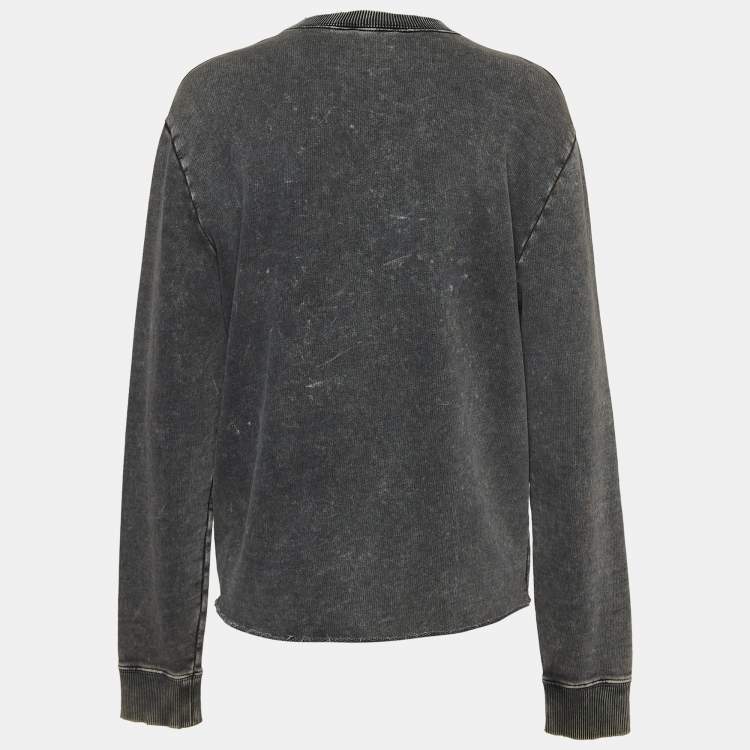 Pre Owned Saint Laurent Grey Washed & Printed Cotton Knit Sweatshirt M