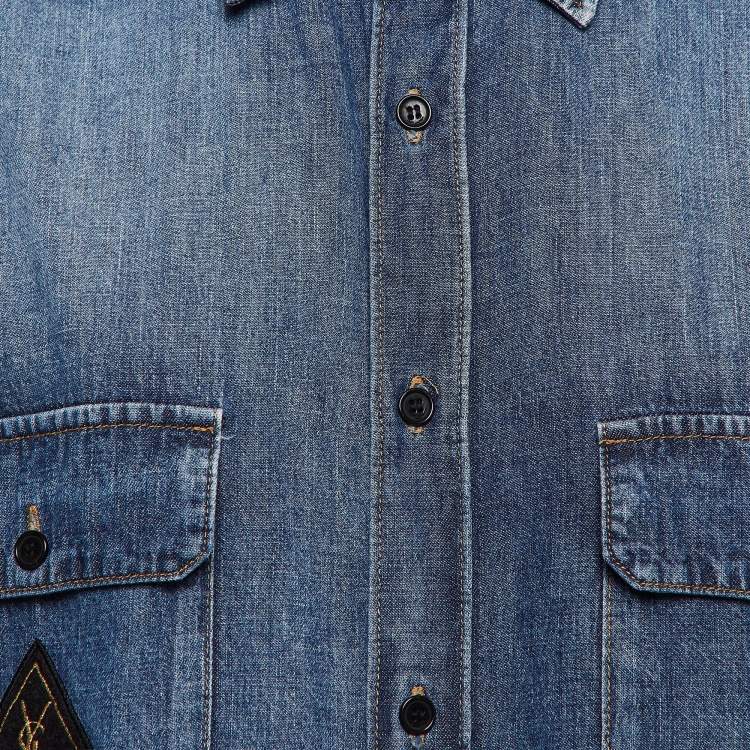 Pre Owned Saint Laurent Paris Blue Denim Military Patch Buttoned Up Shirt L