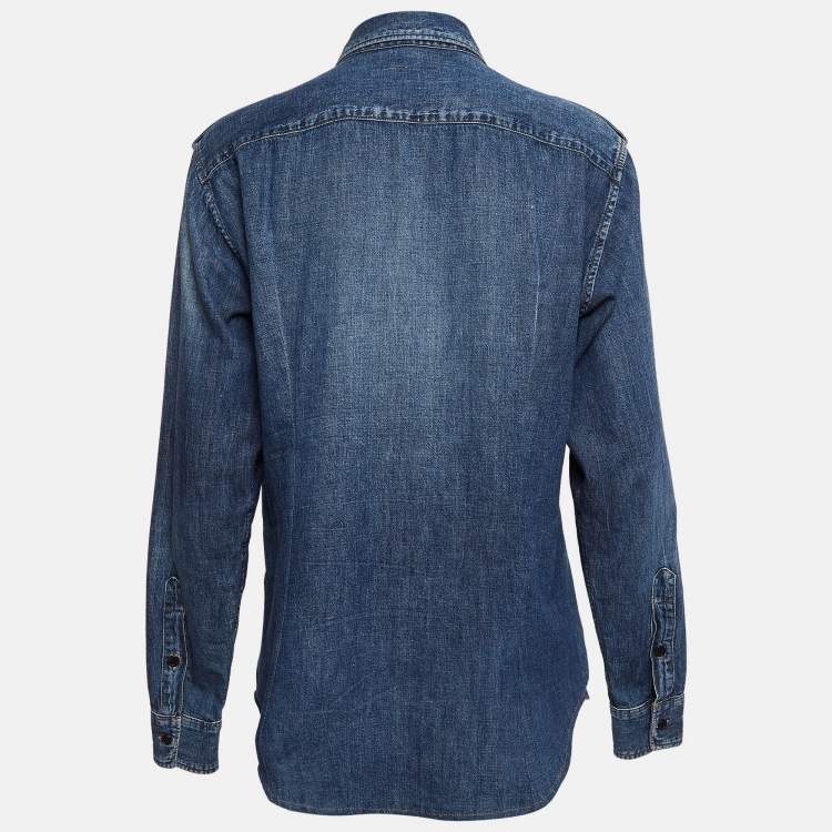 Pre Owned Saint Laurent Paris Blue Denim Military Patch Buttoned Up Shirt L