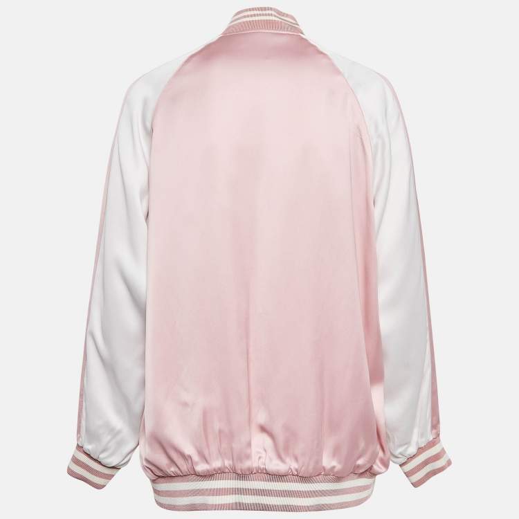 Pre Owned Saint Laurent Pink/White Satin Bomber Jacket M