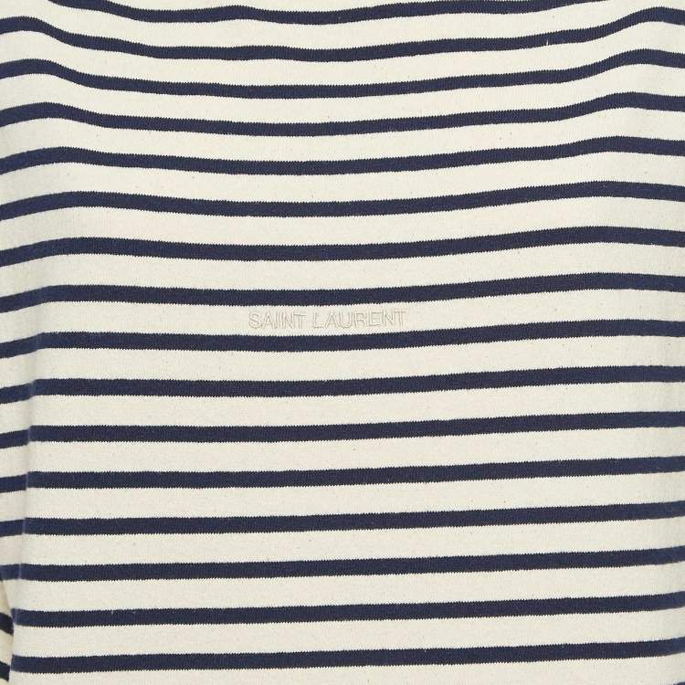 Pre Owned Saint Laurent Paris Navy Blue/White Stiped Cotton T-Shirt L