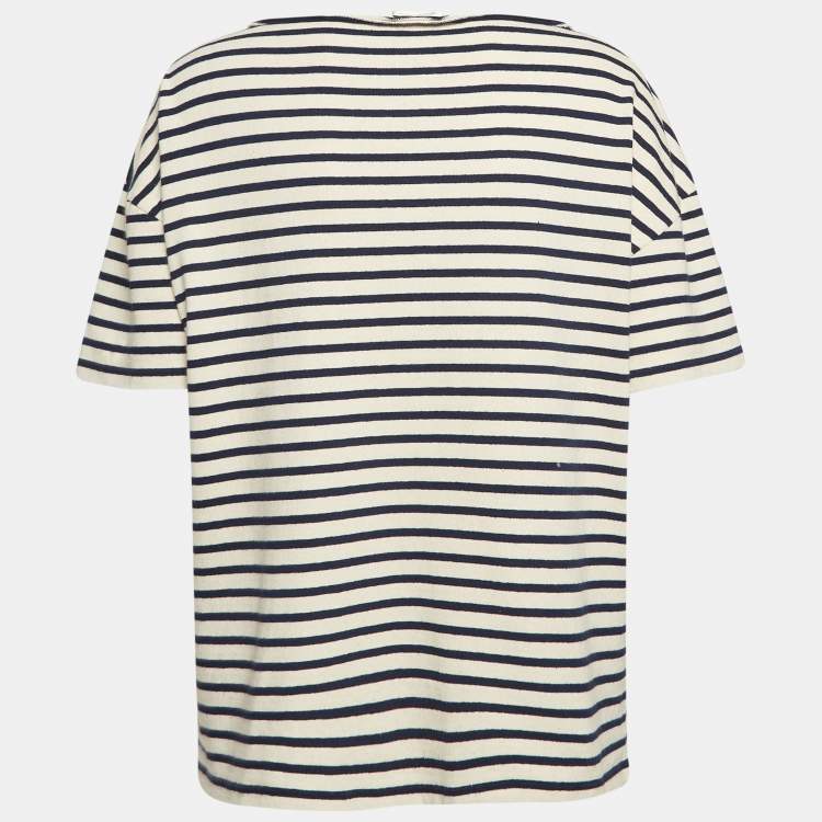 Pre Owned Saint Laurent Paris Navy Blue/White Stiped Cotton T-Shirt L