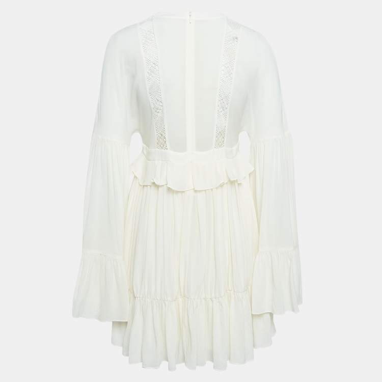 Pre Owned Saint Laurent Paris Off-White Silk Ruffled Mini Dress S
