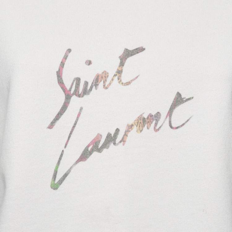 Pre Owned Saint Laurent Paris Ecru Logo Print Cotton Distressed Sweatshirt S