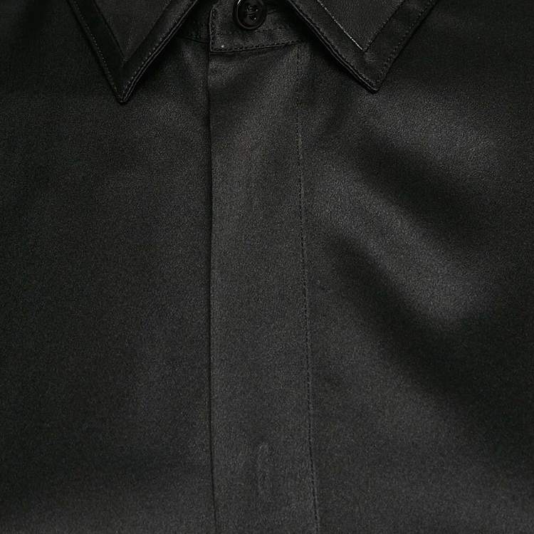 Pre Owned Saint Laurent Paris Black Satin Silk Leather Trim Button Front Shirt M