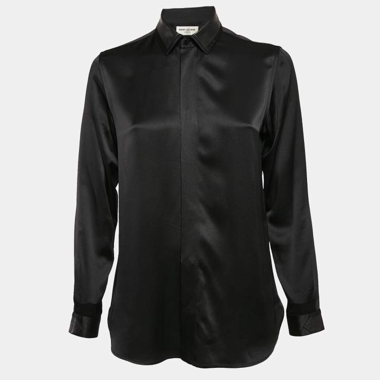 Pre Owned Saint Laurent Paris Black Satin Silk Leather Trim Button Front Shirt M