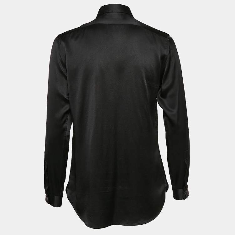 Pre Owned Saint Laurent Paris Black Satin Silk Leather Trim Button Front Shirt M