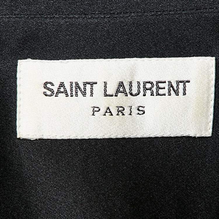 Pre Owned Saint Laurent Paris Black Satin Silk Leather Trim Button Front Shirt M