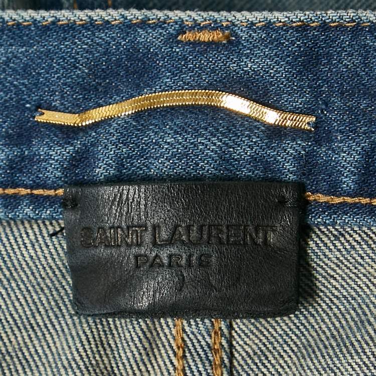 Pre Owned Saint Laurent Blue Denim Logo Embroidered Shorts M Waist 29"