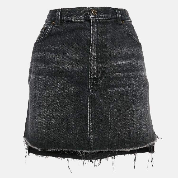 Pre Owned Saint Laurent Black Denim Raw Edge Mini Skirt M