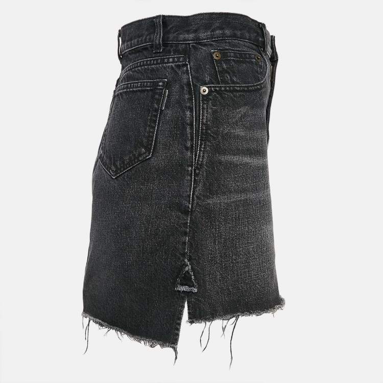 Pre Owned Saint Laurent Black Denim Raw Edge Mini Skirt M