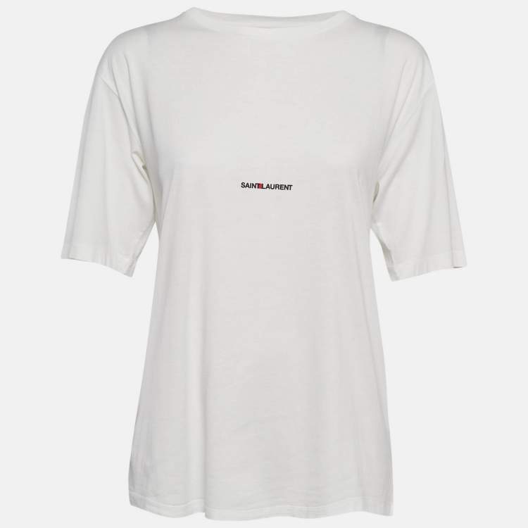 Pre Owned Saint Laurent Paris White Logo Print Jersey Crew Neck T-Shirt L